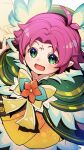  1girl dress facial_mark fae_(fire_emblem) fire_emblem fire_emblem:_the_binding_blade fire_emblem_heroes flower forehead_mark green_eyes highres looking_at_viewer nakabayashi_zun official_alternate_costume open_mouth orange_flower pink_hair pointy_ears short_hair smile solo wings 