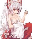  1girl absurdres baggy_pants bangs bow breasts chest_sarashi cleavage commentary fujiwara_no_mokou hair_bow highres hime_cut long_hair mandarok1149 midriff_peek multi-tied_hair needle ofuda ofuda_on_clothes pants red_eyes red_pants sarashi seiza sewing sewing_needle shirt shirt_removed short_sleeves sidelocks silver_hair simple_background sitting solo sweat touhou very_long_hair white_background white_bow white_shirt 