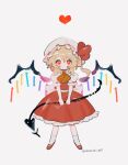  1girl ascot bangs blonde_hair bow bright_pupils chibi closed_mouth commentary crystal dot_mouth flandre_scarlet frills full_body hair_between_eyes hat hat_ribbon heart highres holding holding_weapon laevatein_(touhou) legs_apart looking_at_viewer medium_hair mob_cap no_nose o_o one_side_up orange_ascot puffy_short_sleeves puffy_sleeves red_bow red_eyes red_footwear red_ribbon red_skirt red_vest ribbon shirt shoes short_sleeves side_ponytail simple_background skirt sobamushi_mo solo standing straight-on symbol-only_commentary touhou twitter_username v_arms vest weapon white_headwear white_legwear white_pupils white_shirt wings 
