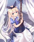  1girl apron bangs bed bed_sheet black_bow black_ribbon blonde_hair blue_dress blue_eyes blush bow cable closed_mouth commentary_request dress electric_guitar eyebrows_visible_through_hair feet_out_of_frame guitar hair_ribbon hair_spread_out hands_up highres holding holding_instrument instrument long_hair looking_at_viewer mikan_(13alice666) mononobe_alice nijisanji on_bed pillow puffy_sleeves ribbon short_sleeves sidelocks sitting sitting_on_bed sleeve_cuffs smile solo virtual_youtuber white_apron white_curtains 