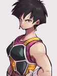  1girl arm_at_side armor bare_arms black_hair breasts clenched_hand closed_mouth collarbone dragon_ball dragon_ball_super dragon_ball_super_broly dragon_ball_z earrings eyelashes from_side frown gloves grey_background hand_on_hip jewelry kemachiku looking_at_viewer monkey_tail muscular muscular_female pink_eyes pink_shirt saiyan saiyan_armor serious seripa shirt short_hair solo spiked_hair standing tail white_gloves 