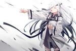  1girl allial_(coefont) black_hair black_legwear black_shorts coat coefont_studio gradient_hair grey_coat grey_eyes grey_hair half-closed_eyes hand_on_own_chest highres long_sleeves multicolored_hair music nagishiro_mito open_mouth short_shorts shorts singing solo standing thighhighs white_hair 