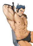  1boy abs armor armpits bara biceps black_male_underwear blush briefs bulge commentary_request cover cover_page creature doujin_cover facial_hair feet_out_of_frame goatee highres holding holding_sword holding_weapon ixion_saga ixion_saga_dt large_pectorals long_sideburns male_focus male_pubic_hair male_underwear mature_male mizuki_gai muscular muscular_male navel navel_hair nipples pauldrons pectorals pubic_hair pubic_hair_peek sainglain_(ixion_saga_dt) short_hair shoulder_armor sideburns single_pauldron solo stomach sword sword_behind_back thick_eyebrows thick_thighs thighs tied_hair topless_male underwear weapon white_background 