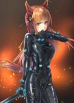  1girl alternate_costume animal_ears black_bodysuit blue_eyes blush bodysuit breasts brown_hair commentary_request cowboy_shot gantz gantz_suit gantz_sword grass_wonder_(umamusume) hair_ornament hand_up highres horse_ears horse_girl horse_tail looking_at_viewer medium_breasts open_mouth parazan_d skin_tight solo sweat tail umamusume 