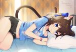  1girl animal_ears black_shorts blue_bow blue_shirt blush bow bra bra_strap brown_hair cat_ears cat_tail commission dolphin_shorts grey_bra hair_bow hair_ornament hairclip head_on_pillow konogi_nogi long_hair looking_at_viewer lying on_bed on_side original parted_lips pillow shirt short_sleeves shorts skeb_commission solo tail underwear vrchat wristband 