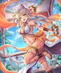  1girl :d absurdres animal_ears back_bow blue_sky blush bow bracelet breasts cat_ears cleavage dancer dancing day floating_hair glint gold green_eyes grey_hair highres holding holding_weapon jewelry lantern large_breasts linea_alba long_hair looking_at_viewer navel necklace orange_bow original outdoors sandals shichigatsu skindentation sky smile solo standing standing_on_one_leg sweat thigh_strap toenails toes toned very_long_hair weapon weapon_request 