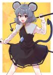  1girl :d animal_ears bangs black_dress commentary crystal dowsing_rod dress eyebrows_visible_through_hair feet_out_of_frame grey_hair hair_between_eyes highres holding long_sleeves looking_at_viewer mouse_ears mouse_girl mouse_tail nayuhi_(yukimuu14) nazrin red_eyes shirt sleeveless sleeveless_dress smile solo standing tail teeth touhou upper_teeth white_shirt 
