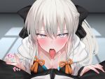  1boy 1girl bangs black_bow black_dress blue_eyes bow braid breasts bulge cleavage collarbone dress fate/grand_order fate_(series) french_braid grey_hair hair_bow large_breasts long_hair long_sleeves looking_at_viewer morgan_le_fay_(fate) open_mouth ponytail sidelocks spread_legs tongue tongue_out two-tone_dress very_long_hair white_dress yuyu_(yuyuworks) 
