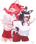  2girls absurdres ahoge alternate_costume animal_ears bandana black_hair breasts commentary_request green_eyes groin highres hololive long_hair multiple_girls navel ookami_mio open_mouth pink_hair red_shorts sakura_miko shirt shorts signature t-pose virtual_youtuber white_background white_shirt wolf_ears yo_na 
