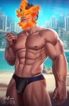  1boy abs absurdres alternate_costume bara beach beard black_male_swimwear blue_male_swimwear boku_no_hero_academia bulge crestren endeavor_(boku_no_hero_academia) facial_hair feet_out_of_frame fire highres large_pectorals male_focus male_swimwear mature_male muscular muscular_male navel nipples pectorals short_hair sideburns solo spiked_hair stomach swim_briefs thick_thighs thighs topless_male 