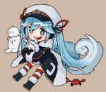  1girl 1other animal binoculars black_coat black_footwear blue_eyes boots brown_background bunny coat commentary crab fur-trimmed_boots fur-trimmed_coat fur-trimmed_hood fur_trim hair_ribbon hat hatsune_miku holding holding_animal hood hood_up light_blue_hair long_hair looking_at_viewer military military_uniform naval_uniform open_mouth rabbit_yukine red_ribbon ribbon ryere sailor_hat seal_(animal) striped striped_legwear thighhighs twintails uniform very_long_hair vocaloid wavy_hair white_headwear yuki_miku yuki_miku_(2022) 