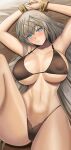  1girl abs armpits arms_up bangs bare_shoulders bikini black_bikini blue_eyes breasts cleavage cuffs dark-skinned_female dark_skin fate/grand_order fate_(series) grey_hair highleg highleg_bikini highres higofushi knee_up large_breasts long_hair looking_at_viewer lying navel on_back parted_lips solo swimsuit thighs zenobia_(fate) 