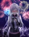  1girl :o absurdres ak-12_(girls&#039;_frontline) black_gloves black_pants black_ribbon blush breasts closed_eyes closed_mouth eyebrows_visible_through_hair feet_out_of_frame fireworks girls&#039;_frontline gloves hair_ribbon highres kiss long_hair medium_breasts pants partially_fingerless_gloves ribbon silver_hair simple_background solo standing suprii tactical_clothes upper_body 