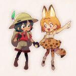  2girls :d :o alternate_skin_color animal_ear_fluff animal_ears animal_print arm_up bangs bare_shoulders beige_background black_bow black_eyes black_gloves black_hair black_legwear blush bow bowtie brown_footwear dark-skinned_female dark_skin dot_nose elbow_gloves extra_ears eye_contact eyebrows_visible_through_hair footwear_bow gloves gradient gradient_legwear hair_between_eyes halftone halftone_background hand_up happy hat_feather helmet high-waist_shorts high-waist_skirt holding_hands holding_strap kaban_(kemono_friends) kemono_friends leg_up legs_apart legwear_under_shorts light_brown_eyes looking_at_another looking_to_the_side multiple_girls open_mouth orange_eyes orange_hair outline outstretched_arm pantyhose pith_helmet pointing pointing_forward print_bow print_bowtie print_gloves print_legwear print_skirt raised_eyebrows red_shirt serval_(kemono_friends) serval_print shirt shirt_tucked_in short_hair short_sleeves shorts signature skirt sleeveless sleeveless_shirt smile standing striped_tail sumiko_(skbsu) tail tareme thighhighs white_footwear white_shirt zettai_ryouiki 