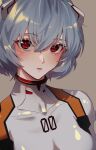  1girl ayanami_rei bangs blue_hair bodysuit breasts brown_background close-up commentary eyelashes hair_between_eyes highres interface_headset lips looking_at_viewer medium_breasts neon_genesis_evangelion nzeneee parted_lips pilot_suit plugsuit portrait red_eyes short_hair simple_background solo upturned_eyes white_bodysuit 