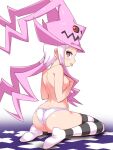  1girl ass breasts cougar_(cougar1404) dragon:_marked_for_death hat long_hair looking_at_viewer looking_back multicolored_hair panties solo striped striped_legwear thighhighs tongue tongue_out topless two-tone_hair underwear white_hair witch_(dmfd) 