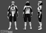  1boy armor artist_name character_name character_sheet clenched_hands dated english_commentary galactic_empire greyscale helmet imperial_patrol_trooper looking_at_viewer monochrome multiple_views official_art okubo_junji open_hand production_art star_wars star_wars:_visions visor 