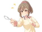  1girl bangs bare_shoulders blush breasts brown_eyes brown_hair brown_sweater clenched_teeth collarbone eyebrows_visible_through_hair hair_between_eyes hair_ornament hair_scrunchie holding holding_spoon hori_yuko idolmaster idolmaster_cinderella_girls lightning_bolt_symbol off-shoulder_sweater off_shoulder ponytail red_scrunchie scrunchie simple_background small_breasts solo spoon sweat sweater teeth trembling uccow upper_body white_background 