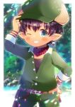  1girl arm_up avatar_(ffxiv) bangs belt black_shirt blurry blurry_background blush brown_belt brown_hair cabbie_hat commentary_request day depth_of_field ear_piercing earrings eyebrows_visible_through_hair final_fantasy final_fantasy_xiv freckles green_eyes green_headwear green_jacket green_pants grin hair_between_eyes hand_on_hip hat jacket jewelry kou_hiyoyo lalafell long_sleeves looking_at_viewer one_eye_closed pants piercing pointy_ears ring shirt short_hair smile solo 