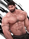  1boy abs bara beard facial_hair highres jang_ju_hyeon large_pectorals looking_at_viewer male_focus muscular muscular_male navel navel_hair nipples original pectorals short_hair solo stomach tattoo topless_male wet 