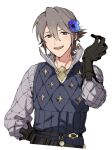  1boy absurdres bangs belt black_gloves blush brown_eyes ear_piercing fire_emblem fire_emblem_fates flower gambeson gloves gnsn_tori gold_trim hair_flower hair_ornament hand_on_hip highres laslow_(fire_emblem) long_sleeves looking_at_viewer male_focus open_mouth piercing simple_background solo upper_body white_background 