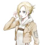  1girl annie_leonhardt bangs blonde_hair blue_eyes brown_jacket chest_belt commentary cropped_jacket hair_bun hair_tucking hand_up hood hood_down hoodie jacket leather_belt looking_to_the_side open_clothes open_jacket parted_lips shingeki_no_kyojin short_hair simple_background solo standing swept_bangs tontan upper_body white_background white_hoodie 