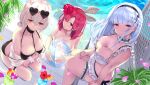  3girls arms_under_breasts azur_lane bangs bare_shoulders between_breasts bikini black_bikini black_prince_(azur_lane) black_prince_(white_princess)_(azur_lane) blue_hair breast_press breasts choker cleavage collar day dido_(azur_lane) eyewear_on_head flower frilled_bikini frills hair_flower hair_ornament hairband hand_on_own_thigh kneeling large_breasts looking_at_viewer multiple_girls o-ring o-ring_bikini o-ring_top outdoors parted_bangs pink_eyes red_eyes red_hair rin2008 see-through sirius_(azur_lane) sirius_(scorching-hot_seirios)_(azur_lane) sitting smile sunglasses swimsuit thick_thighs thigh_strap thighs water white_bikini white_hair 