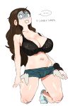  ... 1girl absurdres bare_shoulders black_bra blank_eyes bra breasts brown_hair cleavage collarbone commentary denim denim_shorts english_commentary exposed_pocket gloom_(expression) highres hilda_(pokemon) kneeling lace lace_bra large_breasts long_hair navel no_shirt open_mouth pokemon pokemon_(game) pokemon_bw short_shorts shorts simple_background skindentation socks solo square_mouth underwear white_background white_legwear whoopsatro 