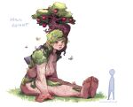  1girl absurdres barefoot blush bug butterfly commentary completely_nude cyancapsule english_commentary giant giantess grass highres monster_girl moss nipples nude original parted_lips plant_girl signature simple_background sketch soles solo_focus tree white_background yellow_eyes 