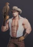  1boy abs bara bare_shoulders belt biceps bird blue_eyes brown_pants commentary cowboy_hat eagle facial_hair feet_out_of_frame gloves goatee hat highres large_pectorals leather leather_belt leather_gloves looking_at_viewer male_focus mature_male muscular muscular_male navel navel_hair nipples open_clothes open_shirt original pants pectoral_cleavage pectorals realistic saolin_(wudangx) shirt short_hair sideburns sleeveless solo standing stomach topless_male torn_clothes torn_shirt veins wrinkled_skin 
