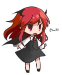  1girl :o bat_wings black_footwear black_skirt black_vest chibi collared_shirt commentary_request dress_shirt emoticon full_body head_wings highres koakuma long_hair long_sleeves low_wings necktie no_nose open_mouth qqq red_eyes red_hair red_necktie shirt sidelocks simple_background skirt skirt_set solo touhou v-shaped_eyebrows vest white_background white_shirt wings 
