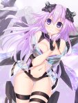  1girl adult_neptune ass_visible_through_thighs bangs bare_shoulders black_gloves blush breasts cleavage closed_mouth eyebrows_visible_through_hair fingerless_gloves gloves hand_up headgear highres kazuneko_(wktk1024) large_breasts long_hair looking_at_viewer navel neptune_(series) purple_eyes purple_hair see-through skindentation smile solo thigh_strap thighs wings 
