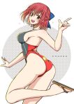  1girl alternate_costume ass bangs black_swimsuit blue_bow blush bow breasts brown_eyes character_name commentary_request competition_swimsuit eyebrows_visible_through_hair hair_between_eyes hair_bow half_updo heart highres index_finger_raised kiriya_(aprikose_0312) kohaku_(tsukihime) large_breasts leg_up looking_at_viewer one-piece_swimsuit open_mouth red_hair red_swimsuit sandals short_hair sideboob smile solo swimsuit teeth thighs tongue tsukihime two-tone_swimsuit upper_teeth 