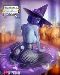  1girl arm_grab ass bare_back black_legwear breast_press breasts candle colored_skin cptpopcorn curvy dc_comics feet fishnets from_behind halloween halloween_costume hat high-waist_pantyhose highres kneeling large_breasts looking_back pantyhose pumpkin purple_eyes purple_hair purple_skin rabbit_tail raven_(dc) ritual soles solo speech_bubble spread_legs tail teen_titans thick_thighs thighhighs thighhighs_over_pantyhose thighs topless witch_hat 