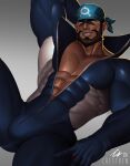  1boy absurdres archie_(pokemon) bara beard black_eyes blue_bandana blue_bodysuit bodysuit brown_hair bulge covered_abs crestren dark-skinned_male dark_skin facial_hair feet_out_of_frame highres large_pectorals lips logo male_focus mature_male muscular muscular_male mustache partially_unzipped pectoral_cleavage pectorals pokemon pokemon_(game) pokemon_oras short_hair skin_tight smile solo spread_legs team_aqua thick_thighs thighs wetsuit 