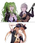  3girls absurdres black_gloves black_jacket blue_headwear breasts collarbone eyebrows_visible_through_hair fingerless_gloves framed girls&#039;_frontline gloves green_hair grey_hair guitar hand_up hat highres holding holding_instrument instrument jacket jewelry long_hair looking_at_another looking_at_viewer m200_(girls&#039;_frontline) m870_(girls&#039;_frontline) m950a_(girls&#039;_frontline) multiple_girls necklace necktie open_clothes open_jacket open_mouth orange_eyes orange_hair parody police police_hat police_uniform policewoman purple_eyes shirt short_hair suprii teardrop tenacious_d twintails uniform upper_body white_background white_shirt yellow_eyes yellow_jacket 