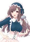  1girl absurdres alternate_costume breasts brown_eyes brown_hair collar corset enmaided frilled_sleeves frills hand_on_hip highres hoshina_hoshimi idolmaster idolmaster_shiny_colors ladle large_breasts long_hair long_sleeves maid maid_headdress smile solo tsukioka_kogane 