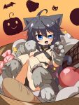  1girl 1up_(solid2) ahoge animal_ears animal_hands apple basket belt_collar blue_eyes bread breasts candy cat_ears cat_tail chocolate chocolate_bar collar criss-cross_halter food fruit full_body gloves half-closed_eye halloween halterneck knees_together_feet_apart lying nanashi_(1up_(solid2)) on_back orange_background original paw_gloves small_breasts solo tail 