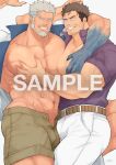  2boys abs aegir_(housamo) alternate_hair_color aqua_hair arm_around_shoulder ass bara bare_pectorals beard blue_eyes brown_shorts bulge bulge_press bulges_touching commentary_request commission dagon_(housamo) dark-skinned_male dark_skin facial_hair fingernails fins grabbing grey_hair grin harada_(basashi) large_pectorals lying male_focus male_pubic_hair mature_male multicolored_hair multiple_boys muscular muscular_male navel nipples no_male_underwear on_side open_clothes open_fly open_shirt pants pectoral_docking pectoral_grab pectoral_press pectorals penis pubic_hair purple_shirt sample sharp_fingernails shirt short_hair shorts sideburns skeb_commission skindentation sleeves_rolled_up smile stomach streaked_hair stubble sweat thick_thighs thighs tokyo_afterschool_summoners watermark white_pants 