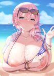  1boy 1girl bikini bikini_lift borrowed_character breasts clothes_lift commentary_request cum day ejaculation eyewear_on_head heavy_breathing hetero highres jewelry large_breasts necklace nipples open_clothes open_shirt original outdoors paizuri pink_hair purple_eyes smile sokona_(sosokona) sunglasses swimsuit 