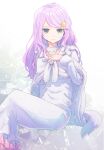  1girl anastasia_hoshin blue_hair cape choker dress empty_eyes fur_trim hair_ornament hand_on_own_chest long_hair no_hat no_headwear purple_hair re:zero_kara_hajimeru_isekai_seikatsu shake_sawa solo star_(symbol) star_hair_ornament white_dress 