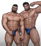  2boys abs bara beard bulge facial_hair flexing glasses highres jang_ju_hyeon large_pectorals male_focus male_pubic_hair multiple_boys muscular muscular_male navel navel_hair nipples original pectorals pose pubic_hair short_hair smile stomach stubble thick_thighs thighs topless_male 