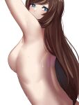  1girl arm_up back blue_eyes blush breasts brown_hair commentary covered_mouth dobure18 english_commentary eyebrows_visible_through_hair eyelashes from_side hana_macchia highres long_hair looking_at_viewer looking_back medium_breasts nijisanji nijisanji_id sideboob simple_background solo sweat topless upper_body virtual_youtuber white_background 