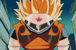  blonde_hair crossover dragon_ball dragon_ball_z fusion gundam highres looking_at_viewer mecha mobile_suit_gundam no_humans one-eyed pun reprilo_channel science_fiction solo son_goku super_saiyan z&#039;gok zeon 