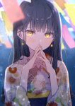  1girl bangs black_hair blurry blush earrings eyebrows_visible_through_hair flat_chest floral_print hands_over_mouth hands_up highres japanese_clothes jewelry kimono long_hair looking_at_viewer necojishi obi original own_hands_together paper sash solo straight_hair tanabata tanzaku upper_body yellow_eyes yukata 
