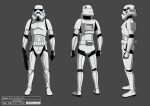  1boy armor artist_name black_gloves character_name character_sheet clenched_hands dated english_commentary galactic_empire gloves gun helmet holding holding_gun holding_weapon multiple_views okubo_junji open_hand star_wars star_wars:_visions stormtrooper weapon 