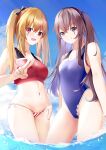  2girls absurdres blue_sky blue_swimsuit blush bow breasts brown_eyes brown_hair closed_mouth competition_swimsuit eyebrows_visible_through_hair feet_out_of_frame from_above girls&#039;_frontline hair_bow hair_ribbon hand_on_hip highres kotoha_(kotoha65) long_hair looking_at_viewer medium_breasts multiple_girls ocean on_water one-piece_swimsuit open_mouth red_eyes red_swimsuit ribbon scar scar_across_eye sky small_breasts smile standing swimsuit twintails ump45_(girls&#039;_frontline) ump9_(girls&#039;_frontline) v 
