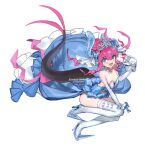 1girl :d absurdres artist_name blue_eyes blush breasts character_name dated elbow_gloves elizabeth_bathory_(cinderella_rider)_(fate) elizabeth_bathory_(fate) fang fate/grand_order fate_(series) glass_footwear gloves high_heels highres horns long_hair looking_at_viewer nemo_(leafnight) pink_hair simple_background skin_fang small_breasts smile solo symbol-only_commentary tail thighhighs tiara white_background white_gloves white_legwear 