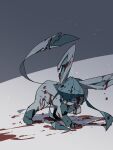  animal_focus black_eyes blood blood_from_mouth blood_on_face blue_sclera colored_sclera commentary_request crack cuts full_body glaceon grey_background grin highres iie_efg injury jaggy_line looking_at_viewer muted_color no_humans notched_ear pokemon pokemon_(creature) sharp_teeth simple_background smile solo standing teeth two-tone_background wiping_mouth 
