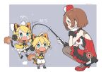  1boy 2girls animal_costume animal_ears aqua_eyes arm_support bangs black_gloves black_skirt blonde_hair bow brown_eyes brown_hair brown_vest chibi commentary dress fur-trimmed_vest gloves hair_bow hair_ornament hairclip hat head_rest high_heels holding holding_whip kagamine_len kagamine_rin lion_costume lion_ears lion_tail looking_at_another magical_mirai_(vocaloid) meiko miniskirt multiple_girls najo open_mouth outstretched_arms pantyhose pleated_skirt red_shirt shako_cap shirt short_hair shorts skirt sleeveless sleeveless_shirt spiked_hair squatting swept_bangs tail twitter_username vest vocaloid whip white_bow white_gloves white_shorts white_skirt yellow_dress yellow_shirt 